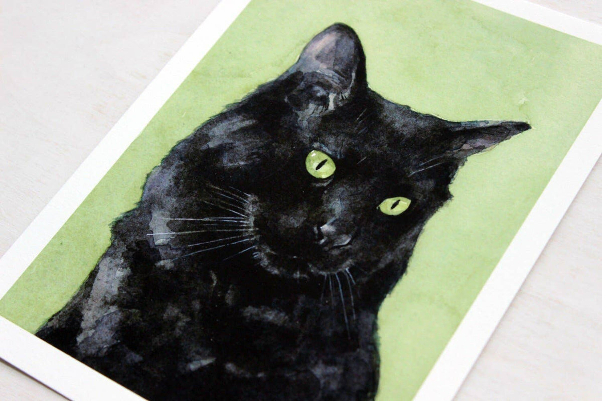 Black cat watercolor print, alternate view