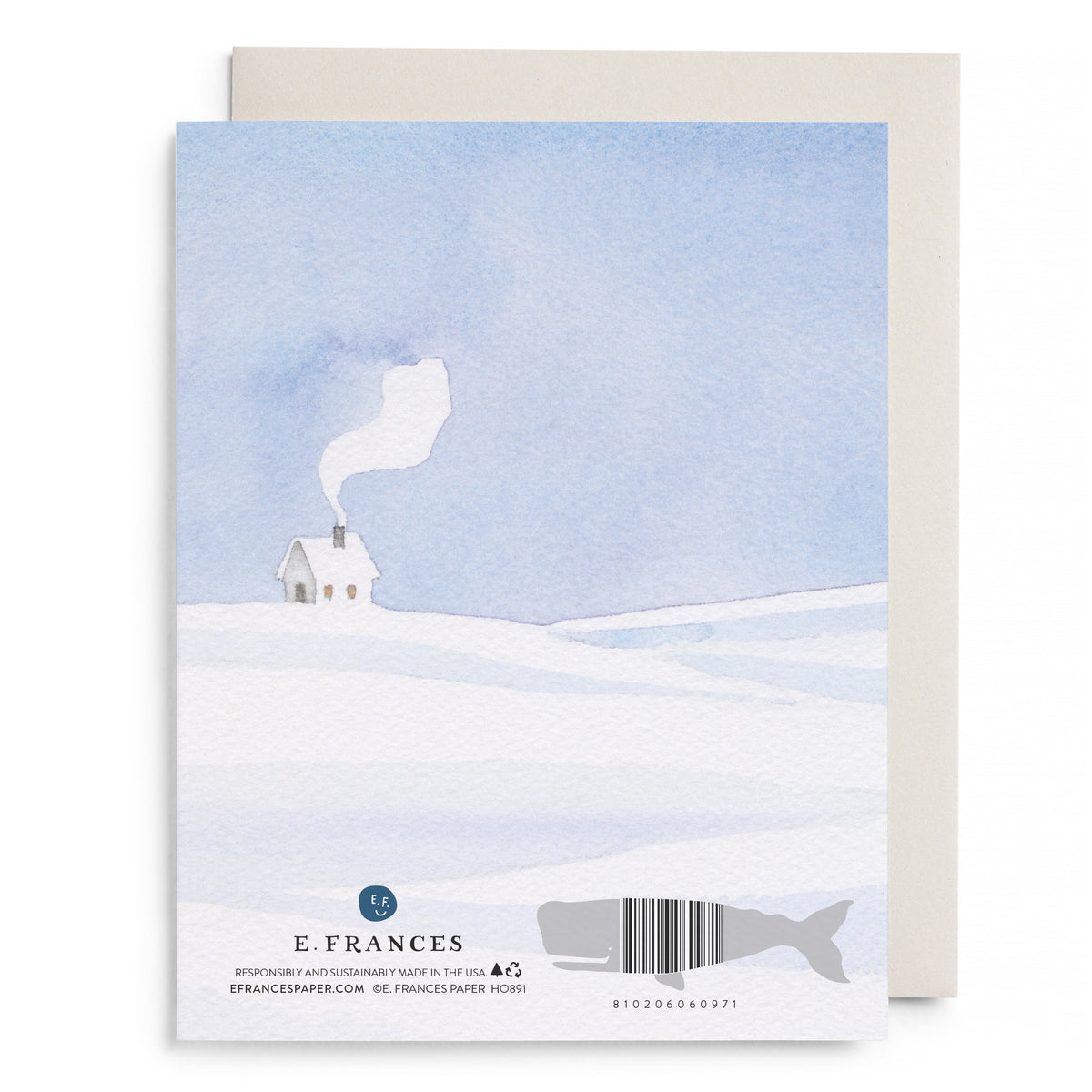 Snowy Cabin Holiday Card by E. Frances Paper, back