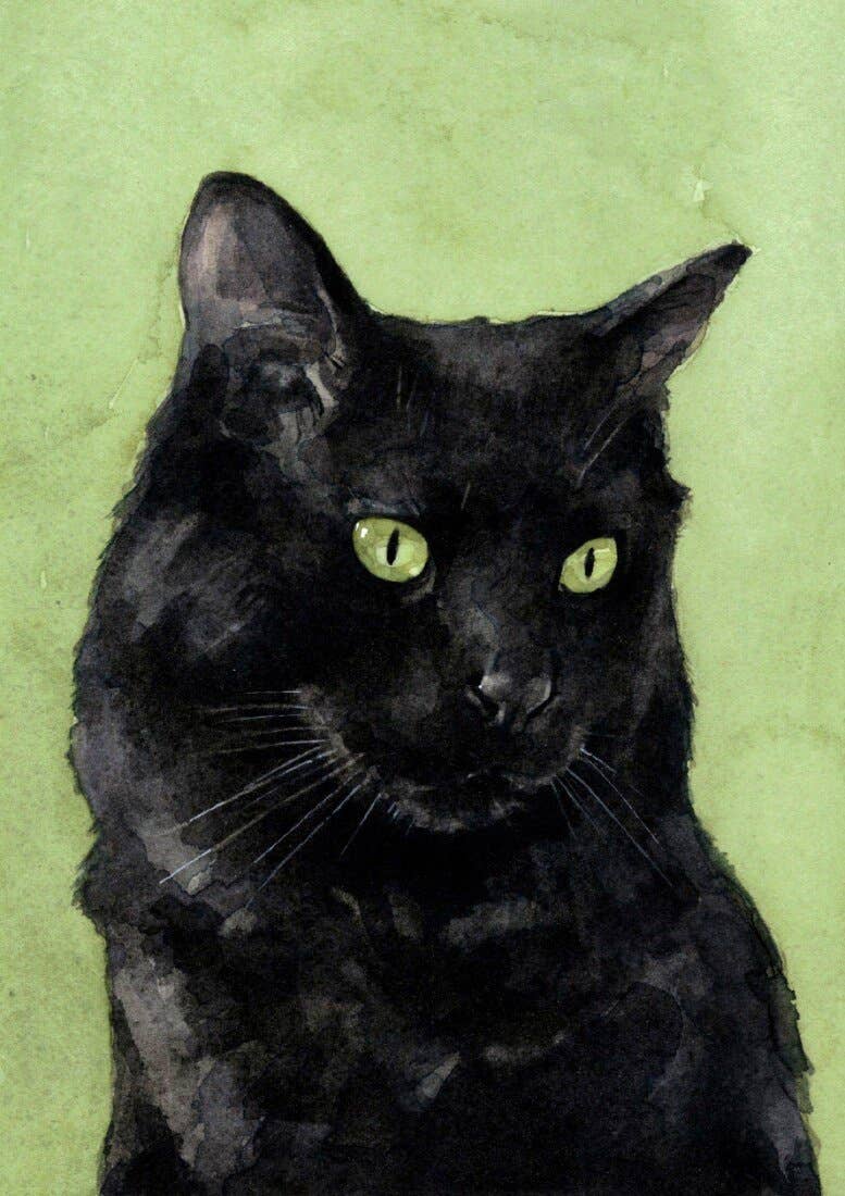 Black cat watercolor print, alternate view
