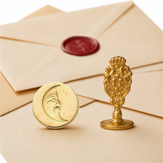 Moon Wax Seal Stamp – Vintage-Style Round Florentine Brass Stamp with Attached Handle
