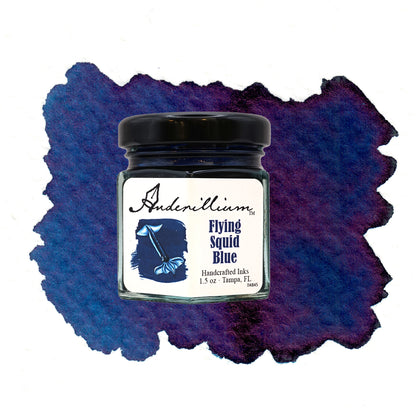Anderillium Flying Squid Blue fountain pen ink, 1.5 oz bottle, with swatch