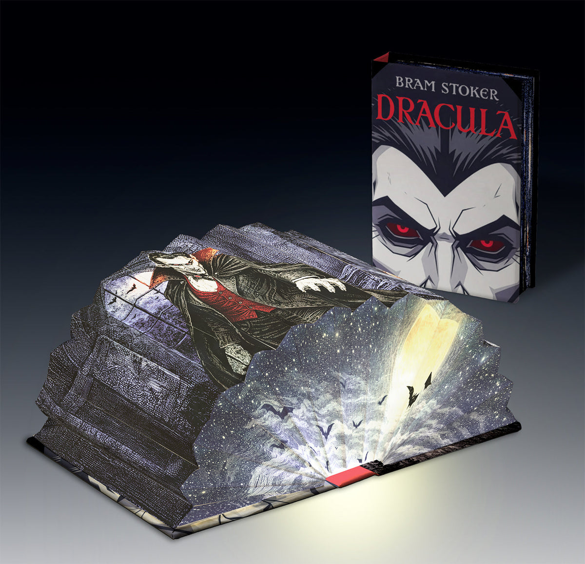 Dracula light book, open and lit beside the closed book