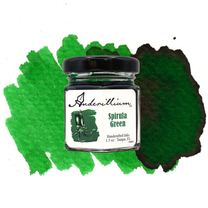 Anderillium Spirula Green fountain pen ink, 1.5 oz bottle, with swatch