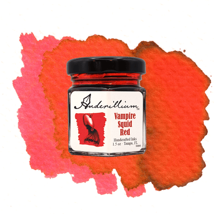 Anderillium Vampire Squid Red fountain pen ink, 1.5 oz bottle, with swatch