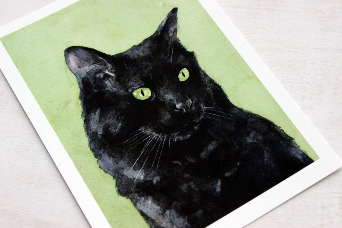 Black cat watercolor print, alternate view